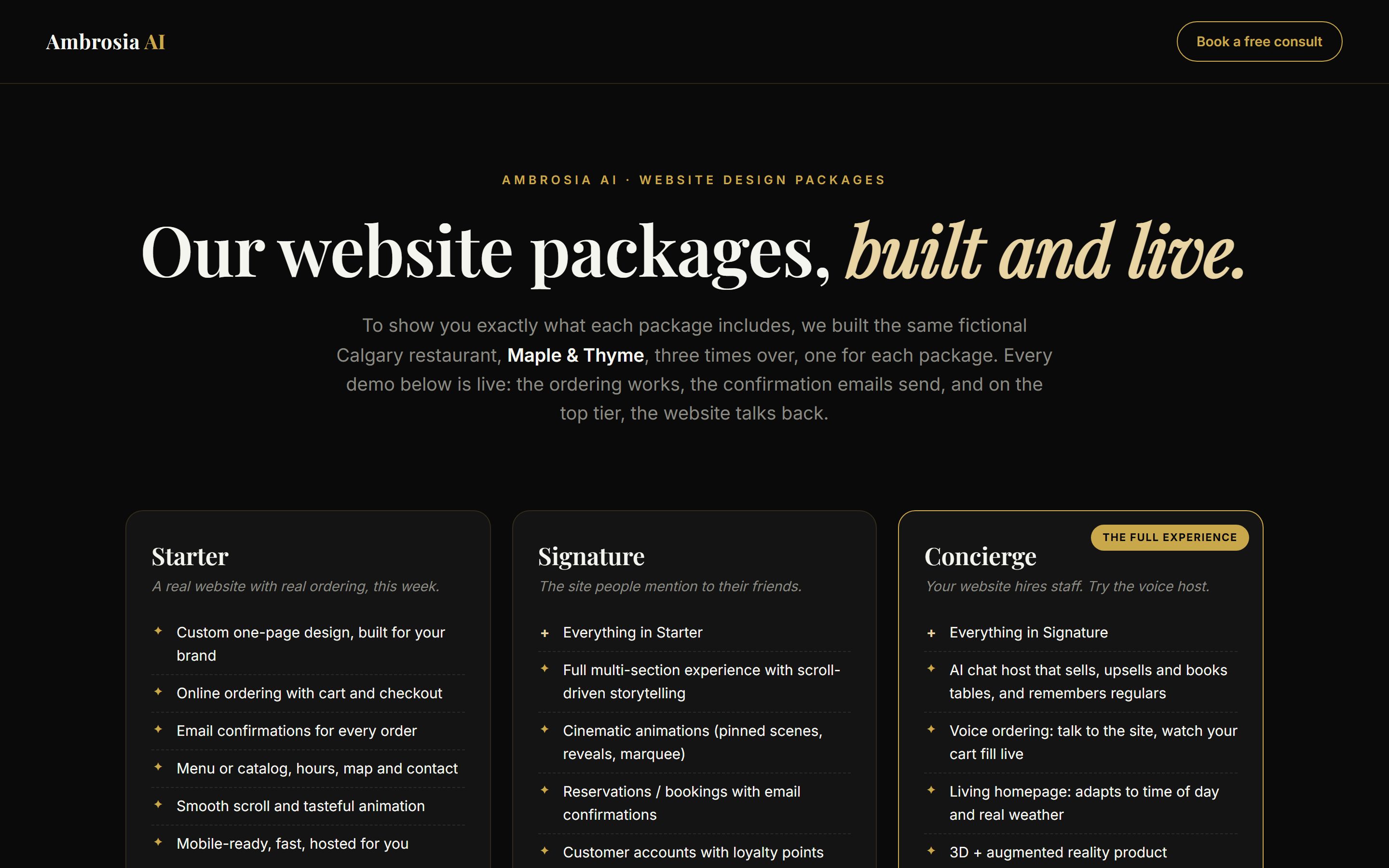 Website packages, live screenshot